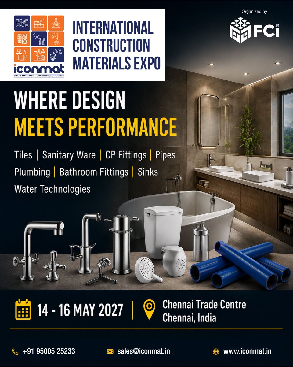 iconmat's tweet photo. 🏗️ICONMAT 2027 | Where Design Meets Performance
Discover the latest in tiles, sanitary ware, CP fittings, pipes, plumbing &amp; water technologies.
📅14–16 May 2027
📍 Chennai Trade Centre
📞 +91 95005 25233
🌐 https://t.co/mPuBnBZ3aP
#ICONMAT2027 #ConstructionExpo #BuildingMaterials https://t.co/5Ww8lL8t1F
