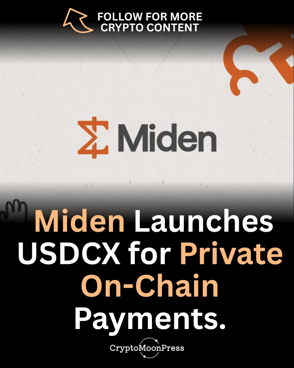 CryptoMoonPres1's tweet photo. 🔒@Miden introduces USDCX, a privacy-focused stablecoin.
Built for confidential transactions, USDCX aims to bring programmable privacy to digital payments while maintaining the stability of a dollar-backed asset.
#Stablecoins #USDCX #Crypto #Blockchain https://t.co/skHSZ1QMc9