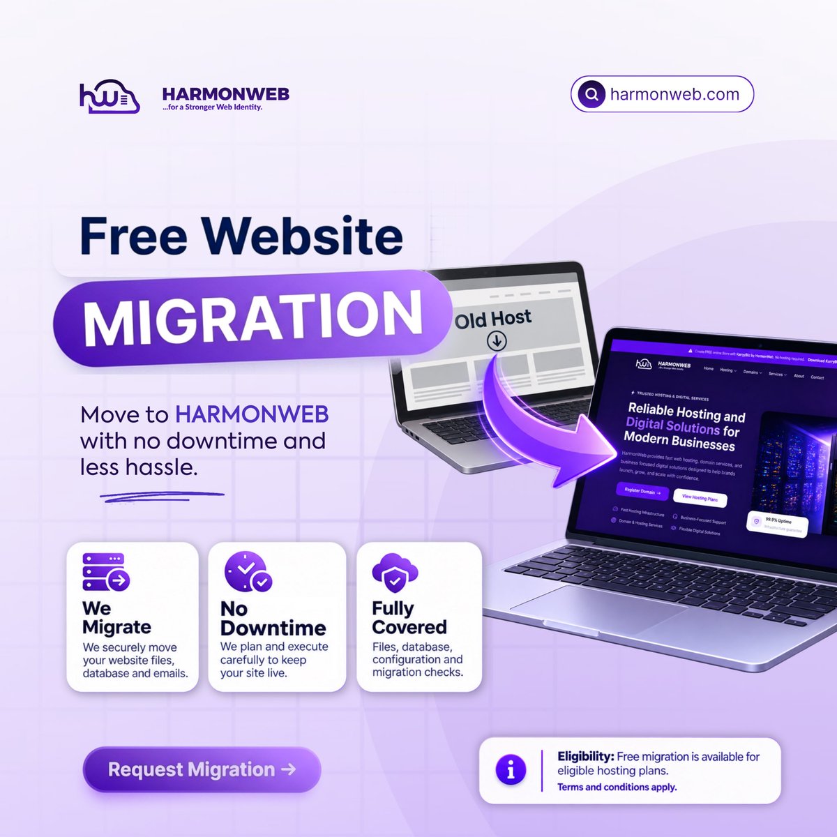 harmonwebcom's tweet photo. Changing host but scared of downtime? Relax.
We migrate your files, database & emails and site stays live the whole time. Free, for eligible plans.
Request your migration today👉 https://t.co/7t65gxbN2C
#ForAStrongerWebIdentity #Harmonweb #hostingmigration #webhosting https://t.co/j8CuT9HHhY