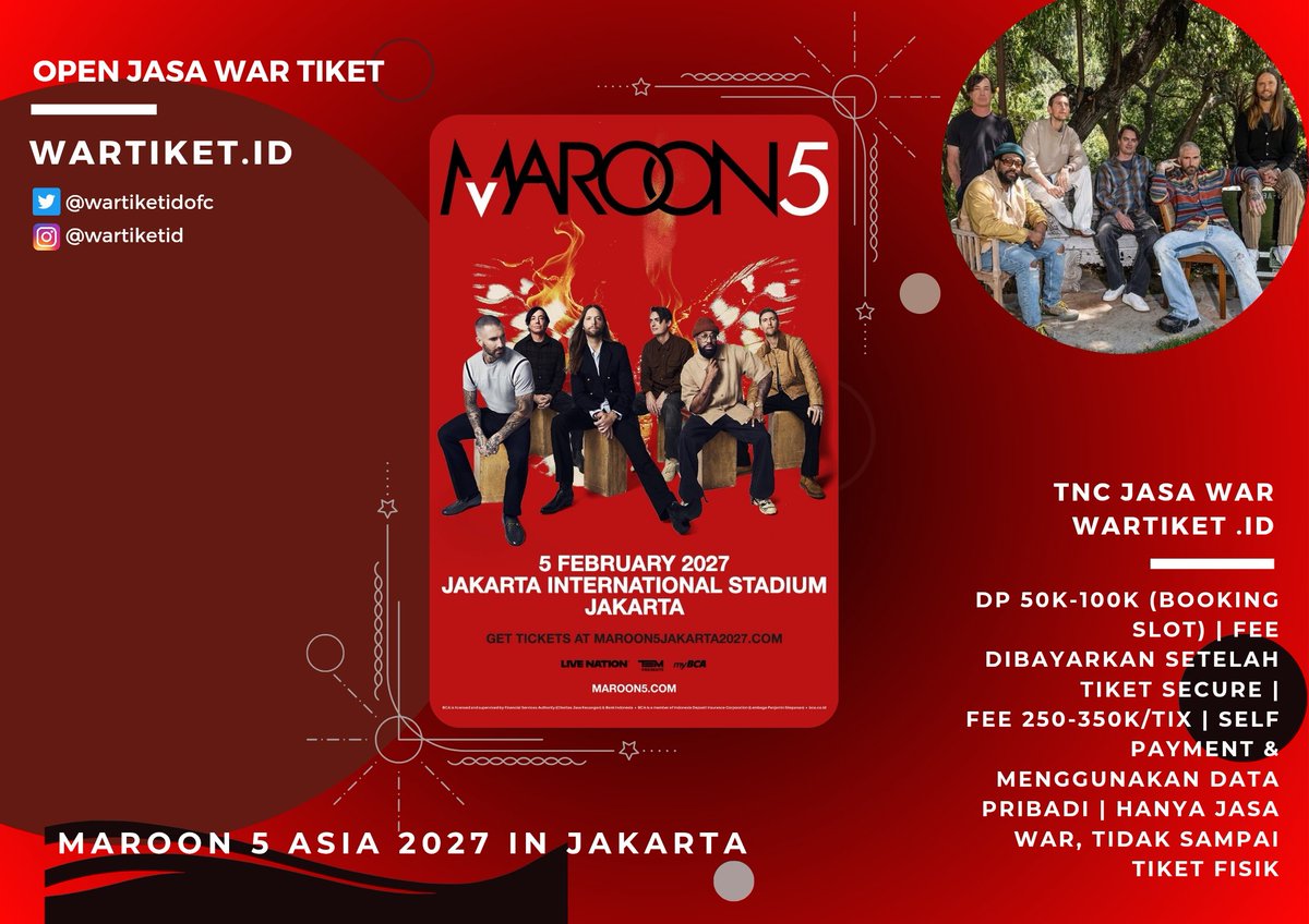 wartiketidofc's tweet photo. Open Jastip War MAROON 5 ASIA Concert in Jakarta 2027 ✨️

✅ Fee 250k-350k (DP 50k-100k)
‼️Read TNC
💯Trusted with 500++ testi. Cek link on bio for detail.
❣️Open Tabungan Konser (pict 3 &amp; 4)

Booking slot : https://t.co/vt0NzCyf0e

# jastip jaswar maroon 5 jakarta trusted https://t.co/FJt7yBeLLb