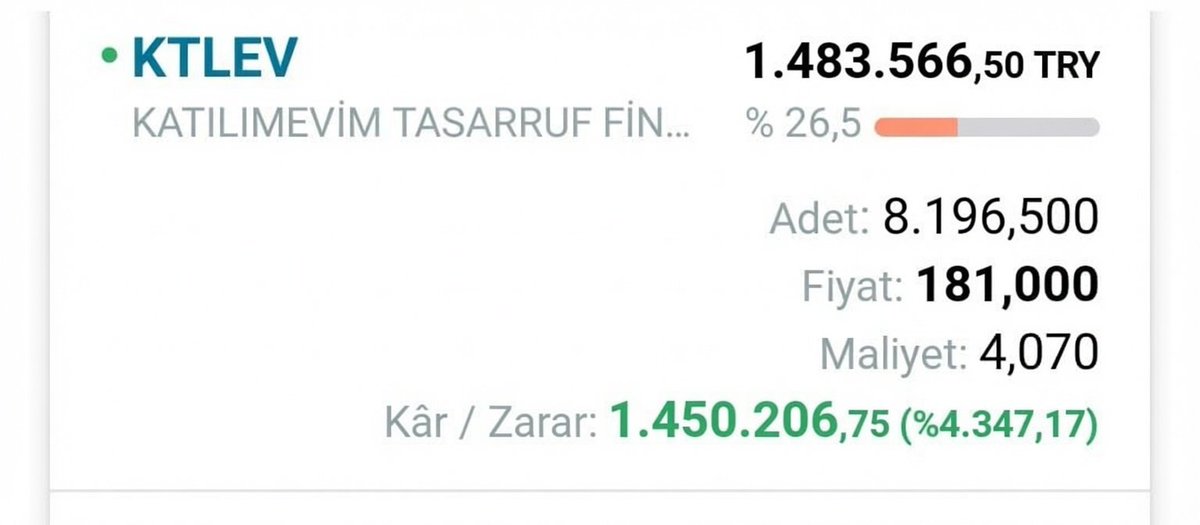 Sfrdan1e's tweet photo. 2024 yılının Temmuz ayında 40 bin TL  ile  girdiğim #ktlev  2 sene sonra  bugün araba almama vesile olacak inşallah.

4 lira maliyetle girdiğim ktlev  fiyatı 24 lira olunca ana paramı (1600 lot) çekip sıfır maliyetle yoluma devam ettim.(Keşke korkmasaydım)

Sonra ki süreçte hisse bölünmeleri ve inanılmaz yükselişi karımı buralara getirdi. 
181 lirada iken vedalaştım.

Sonlara doğru  buradan düşer mi keşke artık satsa mıydım diye düşünmekten çok yoruldum. 
Togg ve cherry arasında gidip geldim.Sonrasında f/p ve donanım özelliklerini göz önüne alınca  cherry de karar kıldım.