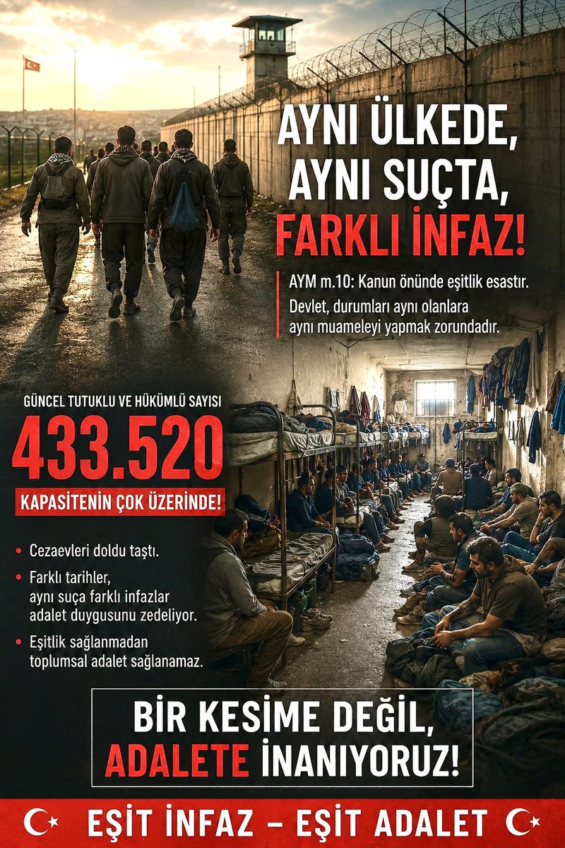 Fatma05071's tweet photo. 🇹🇷ÇERÇEVE YASADA ADALET HERKESİ KAPSAMALI!
⚜️Örgüt üyelerine yönelik düzenlemeler yapılırken adli hükümlüler için de adil seçenekler değerlendirilmelidir.
⚜️Kapsam dışında bırakılmanın hukuki gerekçesi açıkça ortaya konulmalı.
⚜️Adalet, eksik bırakılanların da hakkını gözetmeli.
🇹🇷EŞİT İNFAZ – EŞİT ADALET  @DEMGenelMerkezi