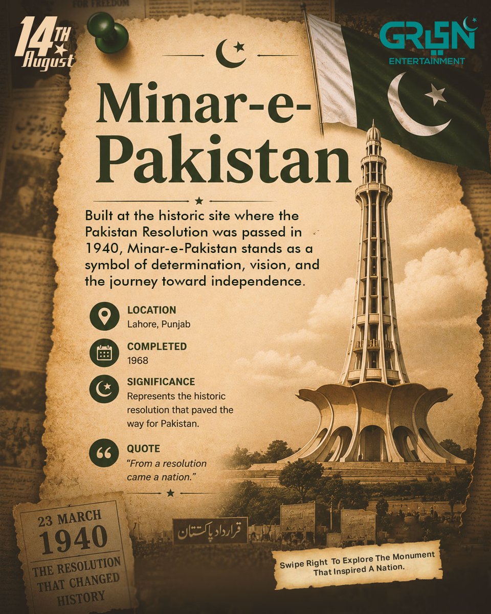 Greentvpakistan's tweet photo. A Journey of Freedom, Faith, Progress, and Pride. Swipe through the landmarks that tell Pakistan's story and celebrate the milestones that shaped our nation. 💚

#GreenEntertainment #GreenTV #14thAugust #IndependenceDay #79YearsofPakistan https://t.co/HTiZT7dCHC