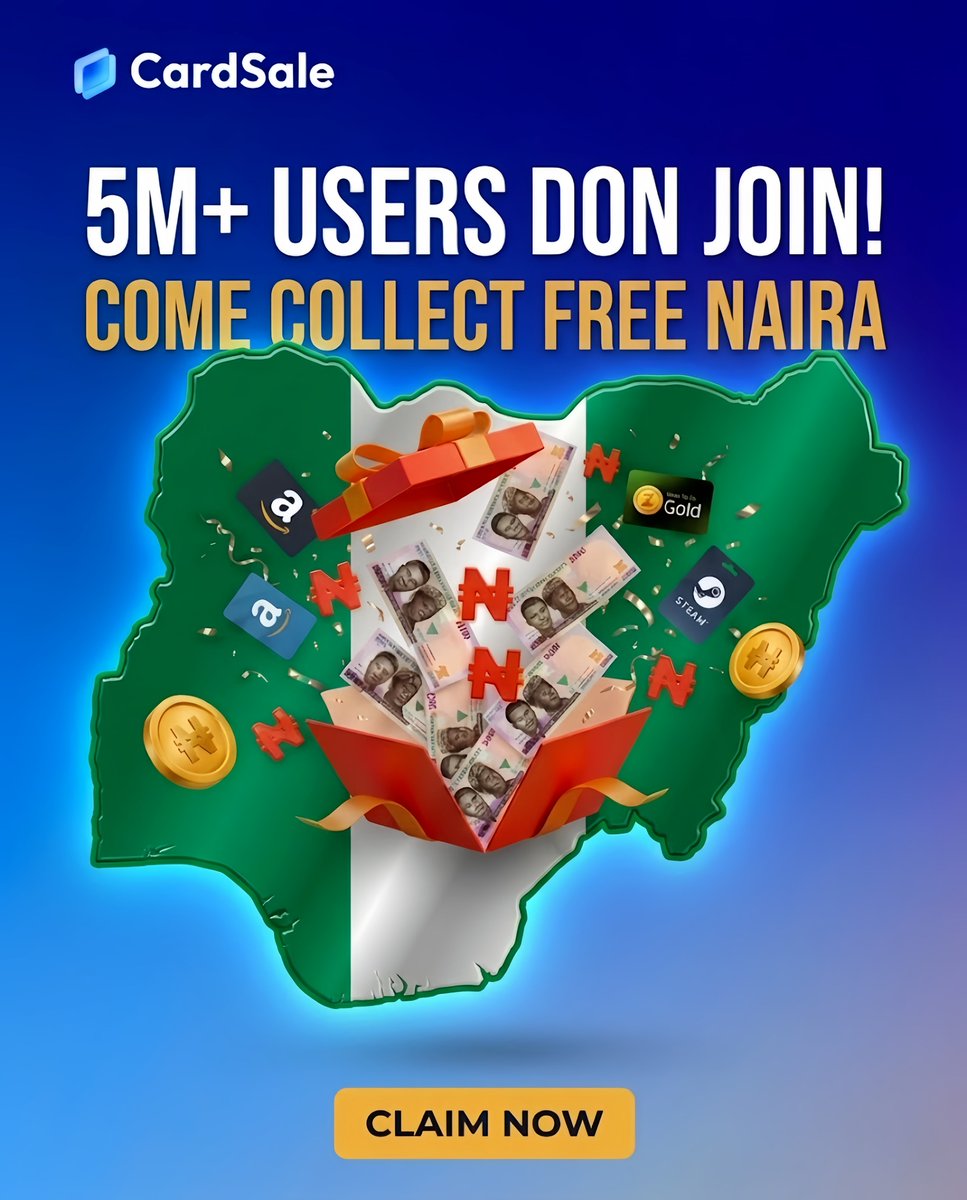 CardSale_App's tweet photo. Want free Naira? 🤑
To celebrate 5M+ users, our Giveaway is LIVE!
🎁 10 winners will get ₦1,000 each!
🎯 To enter: 
🔄 Retweet
💬 Comment
👤 Follow @CardSale_App
Ends: Aug 16, 2026 | Winners: Aug 17
Don't let your cards expire! Read below to see why 5M users trust us👇 https://t.co/6fDGrAYCIg