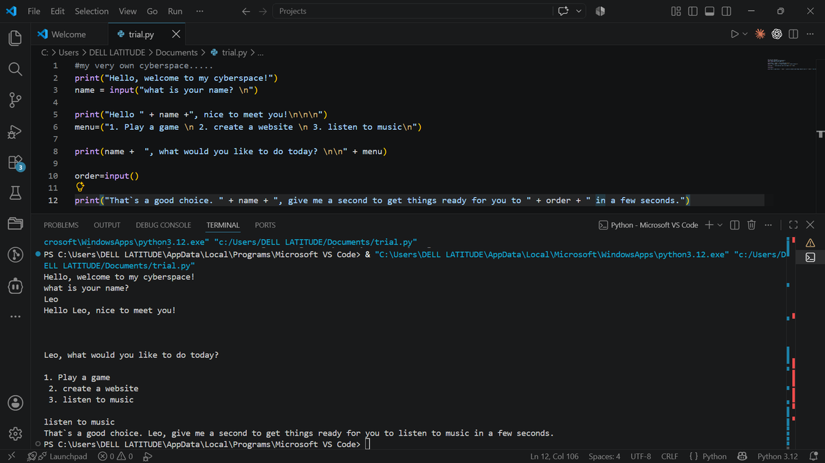 guiltlezz_7's tweet photo. Started my Python journey today! 
Day 1 :
 I learned the basics of strings and variables, then put them to work by building a simple interactive script.The program greets the user, asks for their name, stores it in a variable, then presents a short menu of options . : https://t.co/xBGNs0dBsm