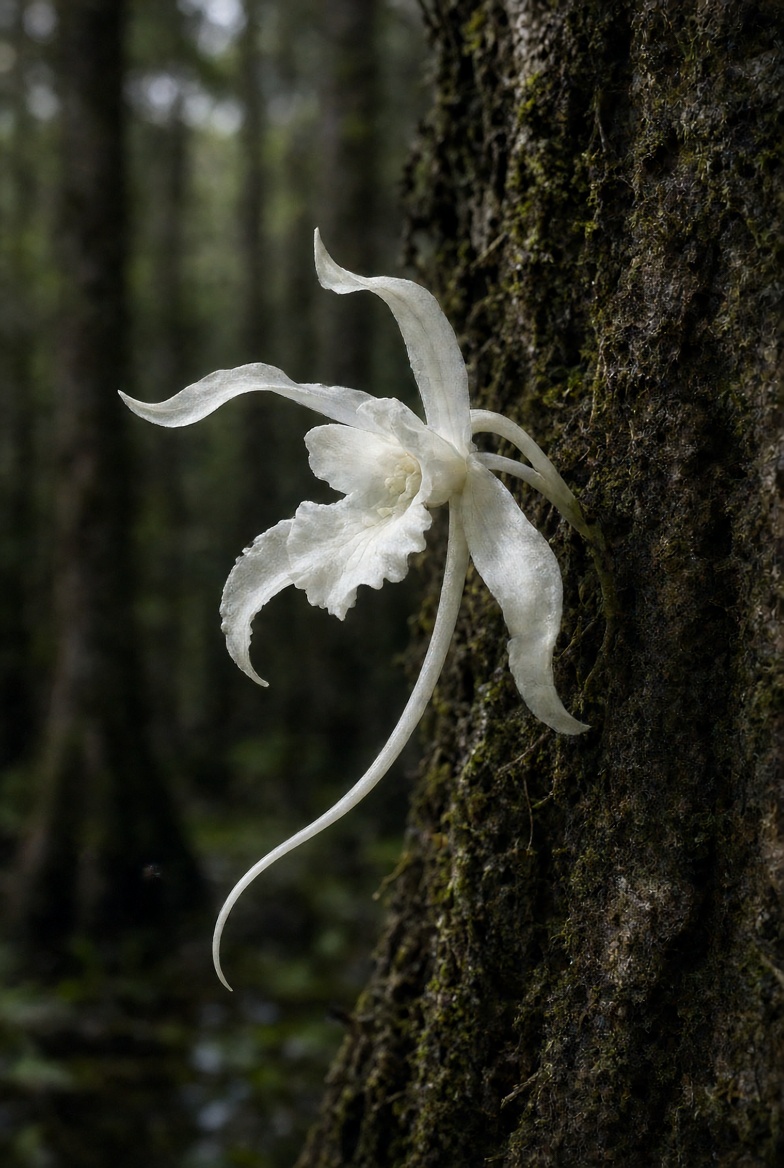 mindblowingirl's tweet photo. #fyi 
Ghost Orchid (Dendrophylax lindenii)
No leaves, just pure white flowers that look like they’re floating in mid-air. Found only in Florida swamps and Cuba. Extremely hard to grow and relies on one specific moth for pollination. https://t.co/tfUeLR0rS6
