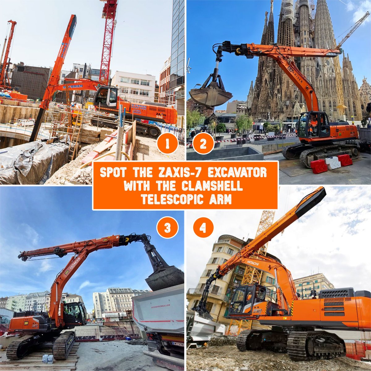 HitachiCME's tweet photo. We had to dig deep into the archives for these classic reliable orange special application shots – but can you spot the latest Zaxis-7 excavator with clamshell telescopic arm among them?

#TheReliableOrange #Hitachi #LANDCROS https://t.co/yMtEre80X9