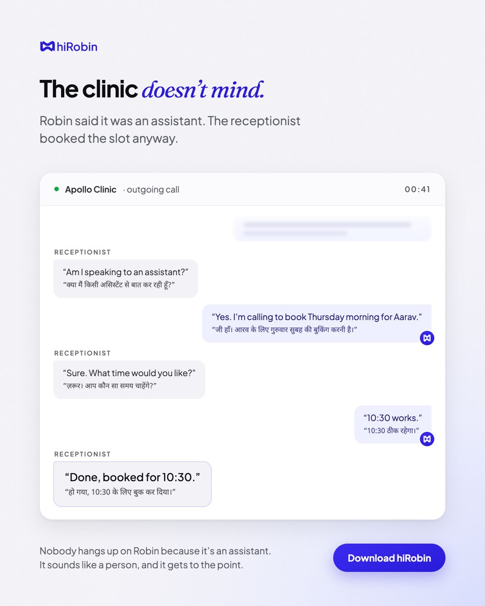 HiRobinApp's tweet photo. The question people don't ask out loud: won't the person just hang up on an "AI" assistant? No. Most of Robin's calls end exactly this uneventfully. That's the point.

#hiRobin #AICallAssistant #AIPhoneAssistant #RobinAI https://t.co/XrxZAssqM7