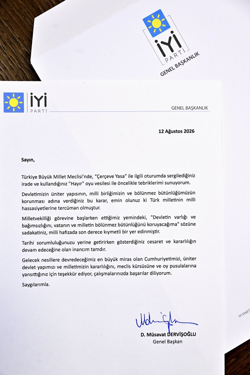 iyiparti's tweet photo. Genel Başkanımız Sayın Müsavat Dervişoğlu @MDervisogluTR,

Çerçeve Yasa'ya ''HAYIR'' oyu kullanan 87 Milletvekili'ne teşekkür mektubu gönderdi. https://t.co/c2qtBUGAle