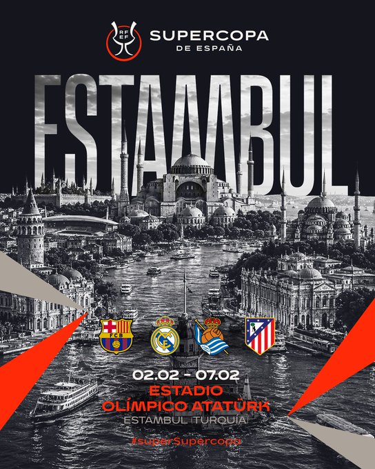 MadridSports_'s tweet photo. ‼️‼️ OFICIAL: la Supercopa de España 2027 se jugará en TURQUÍA

El torneo español a cuatro equipos (Real Madrid, Barça, Atlético y Real Sociedad) dejará de disputarse en Arabia Saudí y tendrá sede en Estambul https://t.co/NELD02spJb