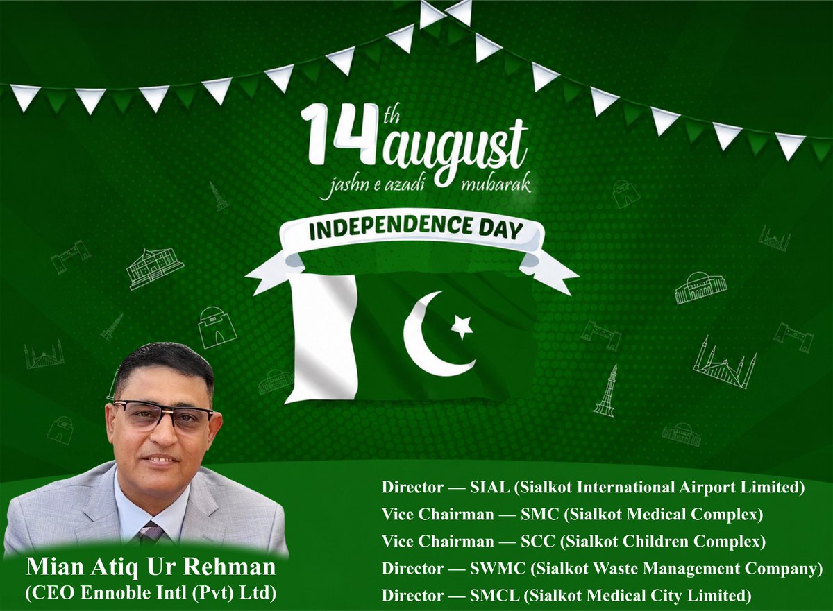 ennoblei's tweet photo. 🇵🇰 14th August — Pakistan Independence Day 🇵🇰

On this Independence Day, let us remember the sacrifices of those who made Pakistan possible and renew our commitment to building a stronger, prosperous and united Pakistan.

Although, after 79 years of independence, we have not yet been able to achieve the goals and aspirations envisioned for our country, there is still hope. Pakistan has immense potential, and with sincere leadership, unity, hard work and a commitment to merit and justice, we can put our country on the path to progress and prosperity.

Let us all play our part with honesty, dedication and responsibility towards our beloved Pakistan.

May Pakistan prosper and rise to its true potential. 🇵🇰

Pakistan Zindabad!
Mian Atiq Ur Rehman
🇵🇰 14 اگست — یومِ آزادی پاکستان 🇵🇰

اس یومِ آزادی پر ہم اُن عظیم قربانیوں کو یاد کرتے ہیں جن کی بدولت ہمیں ایک آزاد وطن، پاکستان، نصیب ہوا۔ آئیے عہد کریں کہ اپنے ملک کو مضبوط، خوشحال اور متحد بنانے میں اپنا کردار ادا کریں گے۔

اگرچہ آزادی کے 79 سال بعد بھی ہم وہ تمام اہداف اور خواب حاصل نہیں کر سکے جو ہمارے بزرگوں نے پاکستان کے لیے دیکھے تھے، لیکن امید ابھی باقی ہے۔ پاکستان بے پناہ صلاحیتوں کا حامل ملک ہے۔ مخلص قیادت، اتحاد، محنت، میرٹ، انصاف اور اجتماعی ذمہ داری کے ذریعے ہم پاکستان کو ترقی اور خوشحالی کی راہ پر گامزن کر سکتے ہیں۔

آئیے اپنے وطن کی بہتری کے لیے ایمانداری، محنت اور خلوص کے ساتھ اپنا کردار ادا کریں۔

اللہ تعالیٰ ہمارے پیارے پاکستان کو ترقی، استحکام اور خوشحالی عطا فرمائے۔ آمین 🇵🇰

پاکستان زندہ باد!