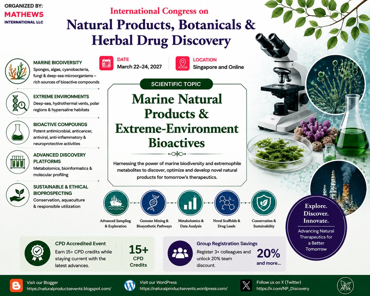 NP_Discovery's tweet photo. Marine Natural Products &amp; Extreme-Environment Bioactives
Explore unique bioactive compounds from oceans, deep-sea ecosystems, polar habitats, and extreme environments driving next-generation drug discovery.
📅 March 22–24, 2027
📍 Singapore &amp; Online
https://t.co/NdXw2zJNmX https://t.co/bJaLwB6Xio