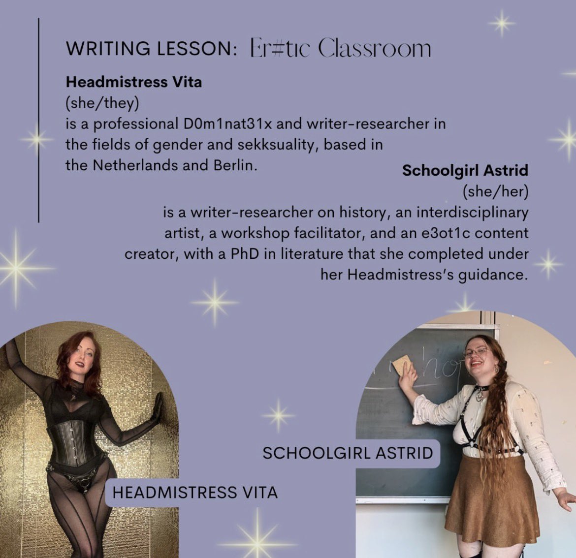 jadatweety's tweet photo. This SUNDAY: Er&amp;t! Classroom - Writing Lesson
with Headmistress Yuki and Schoolgirl Astrid 
16 Aug. 2026 16:00 - 18:00
A Writing Lesson You may write quietly, or you may read out loud and be heckled or praised...
at Studio LUX
Tempelhofer Damm 145
12099 Berlin
Ticket 🎟️ inbox me https://t.co/EDKfIvvn45