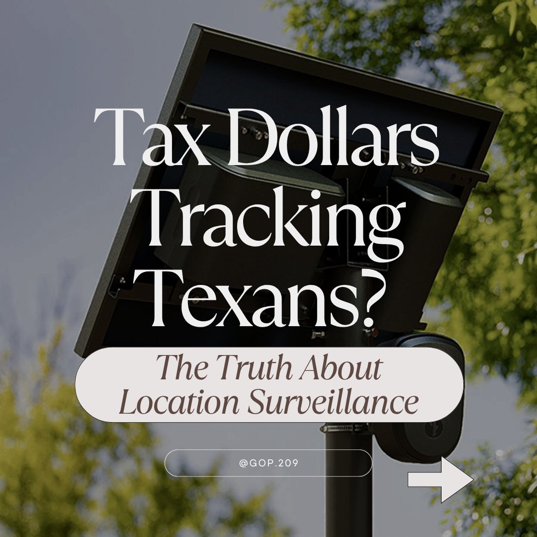 GOP209's tweet photo. Taxpayer dollars are currently funding dragnet movement tracking across Texas—logging trips to the store, school, and church without warrant protection. 🚨

​It’s time to end subsidies, mandate warrants, and purge non-hit data.
​Be heard before the Texas House DOGE Committee!

🗓️ Aug 19, 2026 | 9:00 AM
✍️ Submit your public comment: https://t.co/Rx5Ziw8LHq

​#TexasPolitics #PrivacyRights #CivilLiberties #ALPR #GOP209