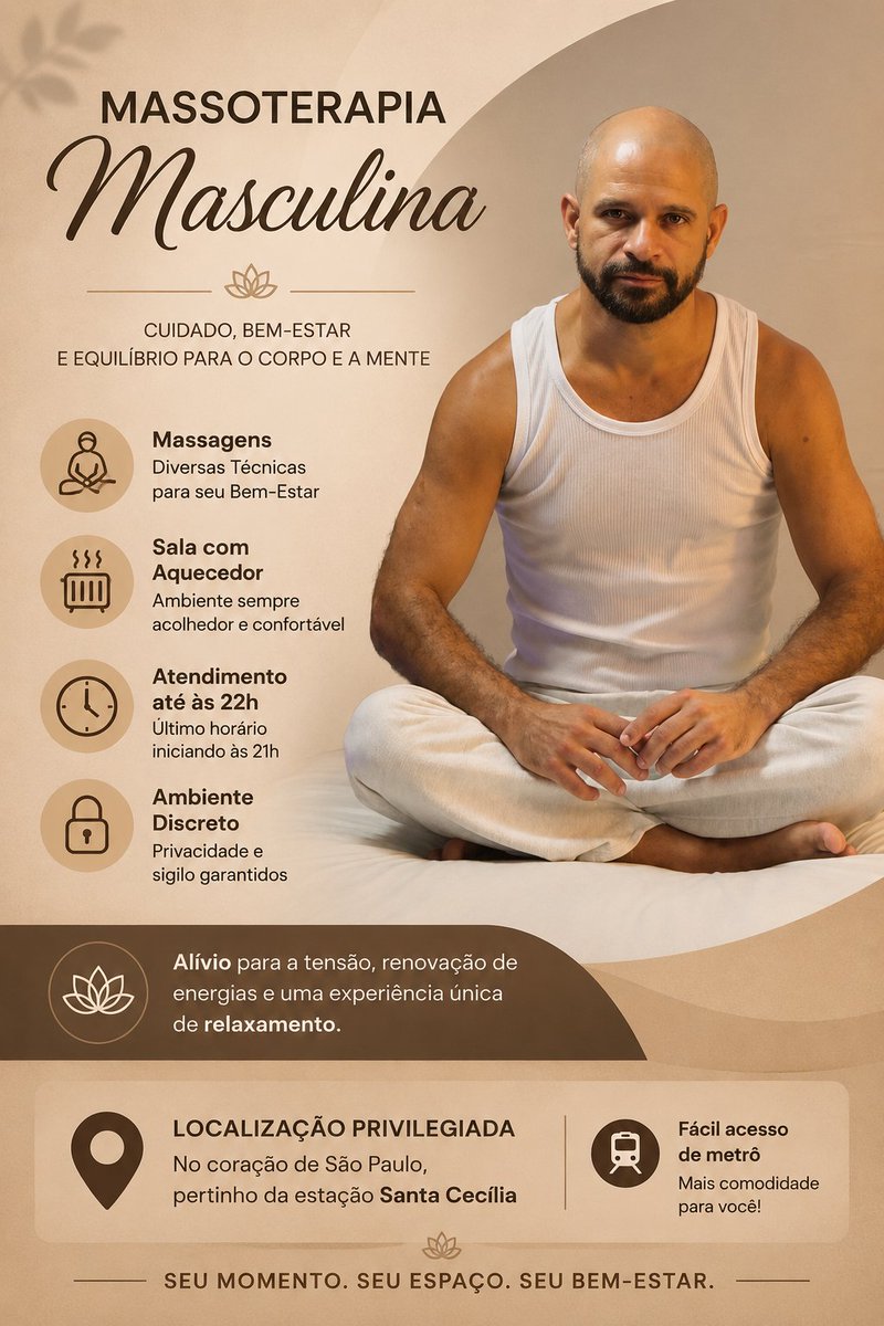 AlexandreMasso_'s tweet photo. Massagem que alivia as dores e cuida da sua saúde. Marque agora sua sessão! 

📞 11 93043-5297
🌡️ Com aquecedor
📍 Perto do metrô Santa Cecília
🅿️ Estacione 24h em frente
🕘 Atendo até às 22h

#massagistamasculino #massagistahomem #massagistassp #massoterapeutaemsp #massagemsp https://t.co/I9vBVbjI9o