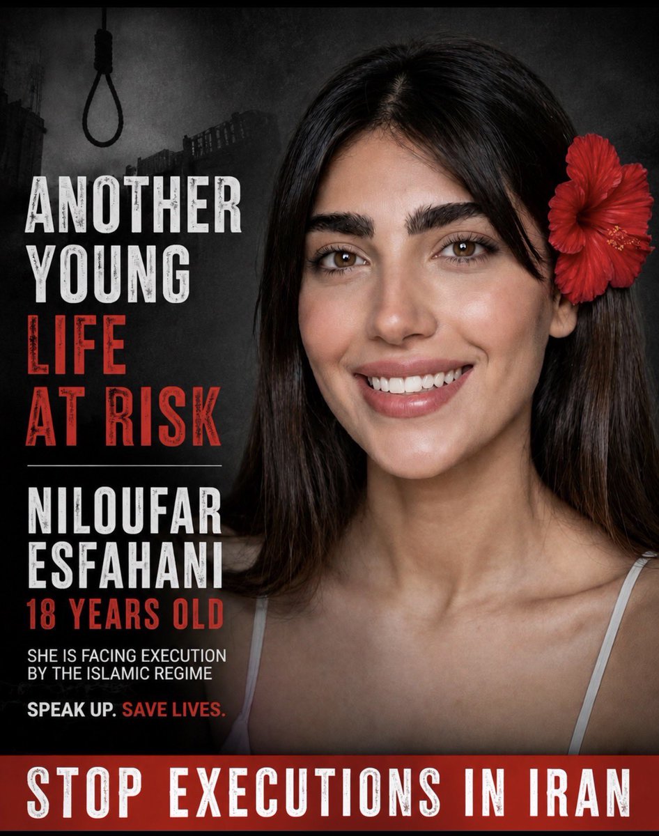 ChrissieRuane's tweet photo. 🚨Niloufar Esfahani has been sentenced to death by the Islamic regime.🚨

Please, Please be her voice. This daughter of Iran is 18 years old. We must all speak her name.
Islamic Regime of Iran, murders it’s citizens.

The world is watching you.
#stopexecusionsinIran https://t.co/P7VgD75dNU