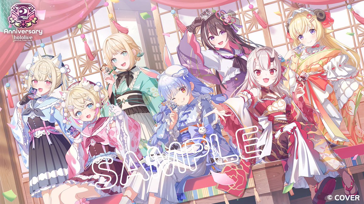 hololive_OCG's tweet photo. ::::::୨୧::::::୨୧::::::୨୧:::::::
㊗️#ホロカ2周年 特別番組をお届け中🎊
特別ゲストは #KoZMy🧪⚒️☃️
::::::୨୧::::::୨୧::::::୨୧:::::::
🚨生配信中📣
https://t.co/2OIQWQX8Hw

『-2nd Anniversary Celebration Set-』発売決定🥂
本商品のために描き下ろした豪華イラストを使用したセット商品が登場✨

 #ホロカ