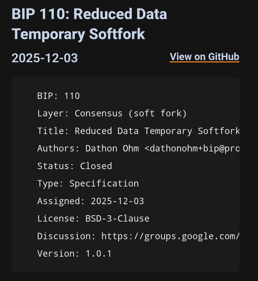 publord's tweet photo. GM.  BIP-110's Status has now been officially changed to "Closed".  Thank you for your attention to this matter.  🫡 https://t.co/LmmwmVVJf3
