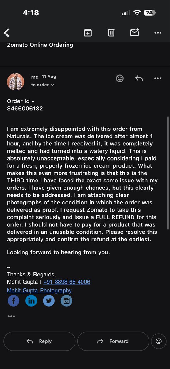 Mohitastic's tweet photo. @zomato @zomatocare Extremely disappointed with the way this has been handled. My Naturals ice cream arrived after almost 1 hour completely melted and watery. This is the 3RD time I’ve faced the same issue. I’ve emailed and followed up multiple times, even attached photos as prof https://t.co/RUrRFelwQV