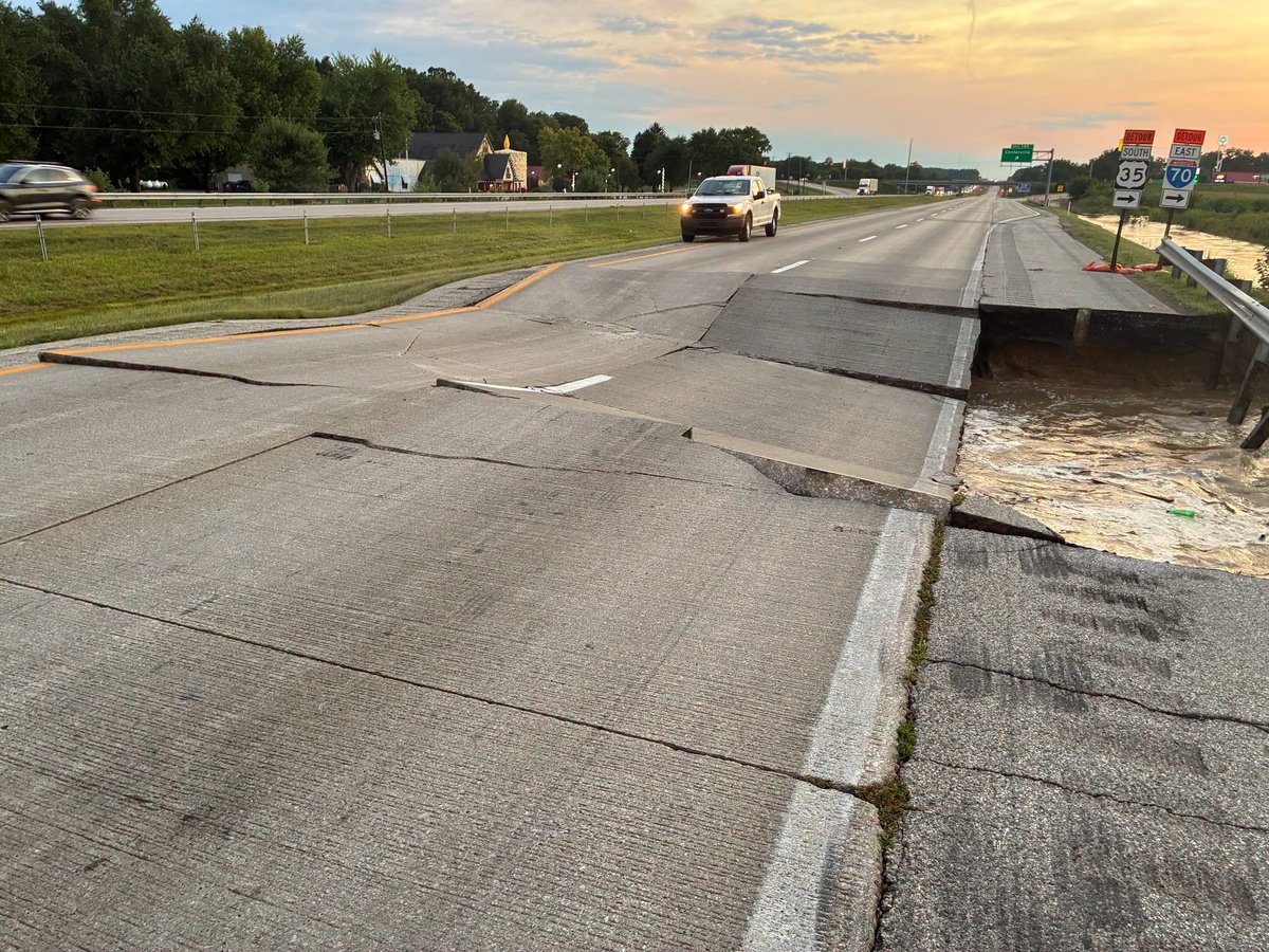 angelaganote's tweet photo. This morning we are live with team coverage in Muncie, New Castle  and one of the hardest hit areas of Cambridge City. They have gotten up to a foot of rain in 2 days.

All lanes of Interstate 70 westbound are closed near Centerville Road at mile marker 146 as you can see from the photo below... the road buckled in the flooding.
Evacuations are still happening right now.
Schools are closed. 
257,000 people are without power across the state and more rain is likely coming tonight.

3 of our reporters are LIVE for you this morning, Jim and Amber are LIVE in studio detailing the forecast now, what is next and talking about the dense fog advisory.

Daniel and I are updating every detail and talking with you all as you message us.  Join us on @FOX59  

@JimOBrienWX @Daniel_Miller8 @AHardwickWx @HannahFollmanTV @kithanleytv @AnnaDarlingTV