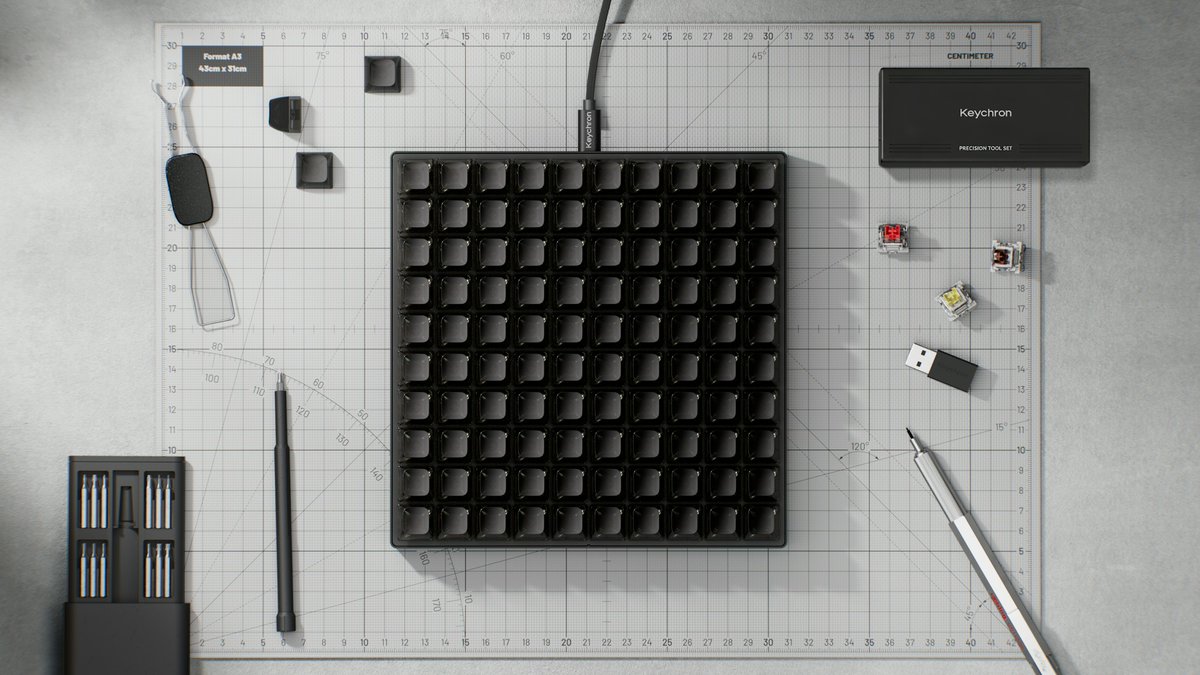 KeychronMK's tweet photo. What would you do with 100 keys? 👀
Whatever you want—that's the point.

Meet the Keychron C100 8K—a giant custom macro pad built to work, play, and show off your switch collection.

Build a 100-switch collection you can actually use—then make it yours with:

⚡ 8K polling rate
🎛️ Fully customizable keys
🌈 Per-key RGB
🛠️ Keychron Launcher support
🔥 Hot-swappable
💎 Transparent ASA keycaps
📐 Dual-angle adjustable feet

100 keys. Endless possibilities. Yours for $64.99.