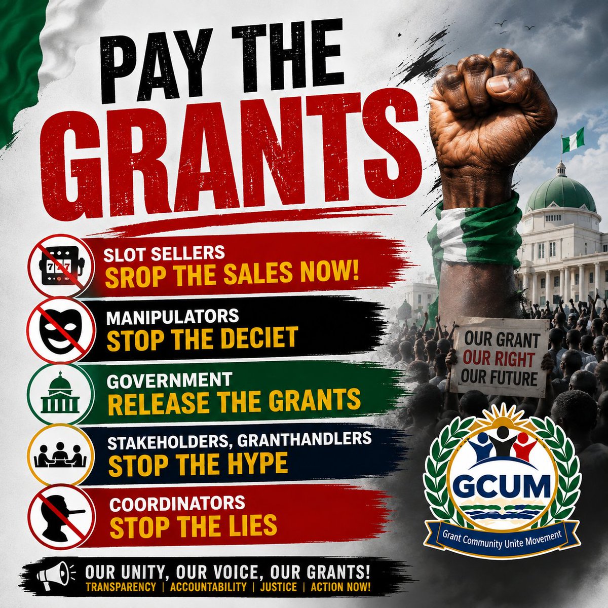 GrantCommuUnite's tweet photo. The message is simple: stop selling slots, stop the hype, stop the lies. If grants are approved, let them reach the people who have waited. We demand honesty, clear information and action—not more promises. #GCUM #DisburseGrants #Accountability #Nigeria #JusticeForSubscribers https://t.co/o7FjRjlmW6