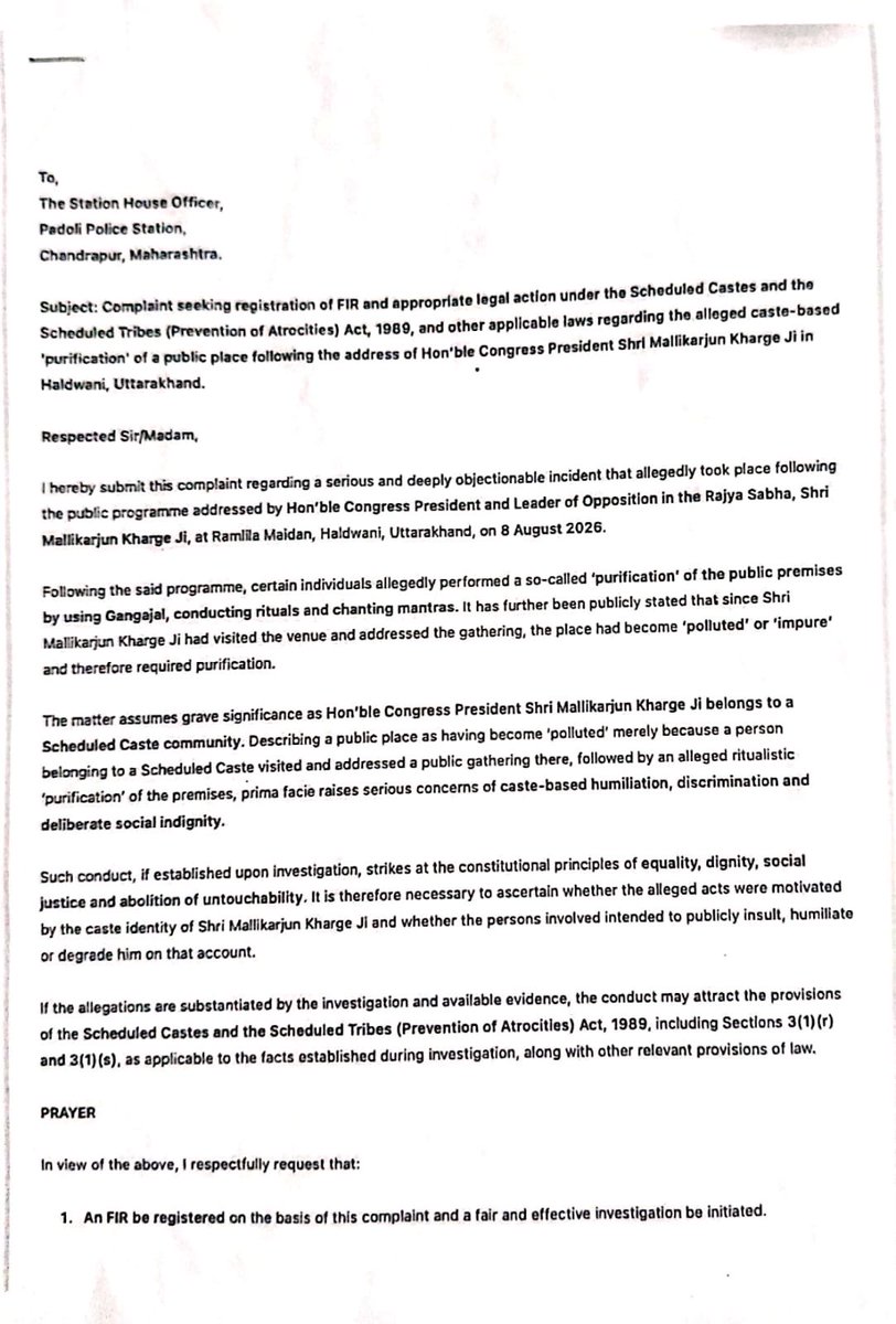 RoshanLalBittu's tweet photo. Today, we filed an FIR application at Padoli Police Station, Chandrapur, Maharashtra, seeking registration of an FIR and the arrest of those who organised and participated in the “ Ganga Jal purification” ritual following the public meeting of Hon’ble Congress President Shri Mallikarjun Kharge Ji in Haldwani, Uttarakhand, and demanding strict legal action against them.

If a Leader of opposition Rajya Sabha’s public meeting is followed by a “purification” ritual, the BJP-RSS cannot dismiss it as an isolated act. It reflects the poisonous caste mindset that their politics has allowed to thrive.

Imagine the audacity of performing a “purification” after a constitutional leader addresses a public gathering, as if a person’s caste can make a democratic space impure. This is not faith. It is caste prejudice dressed up as ritual. If the BJP and RSS have even a shred of respect for Dr. Ambedkar’s Constitution, they must confront this disgrace instead of hiding behind silence.

BJP’s Uttrakhand Government & Chief Minister Shri @pushkardhami must publicly apologise to Thiru Mallikarjun Kharge Ji and answer why such blatant caste humiliation continues to find space within the BJP-RSS ecosystem.
@INCIndia @kharge @RahulGandhi