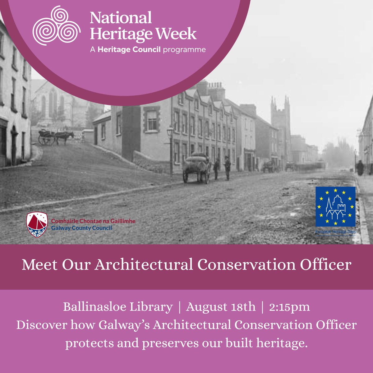 LibrariesGalway's tweet photo. Join us at Ballinasloe Library during Heritage Week 2026 to learn about the vital role of the Architectural Conservation Officer in protecting Galway’s historic buildings and places.

 📅18 August
 ⏰2:15pm – 3:15pm
 📍Ballinasloe Library

#HeritageWeek 

@HeritageWeek https://t.co/rWEVqo0jQM