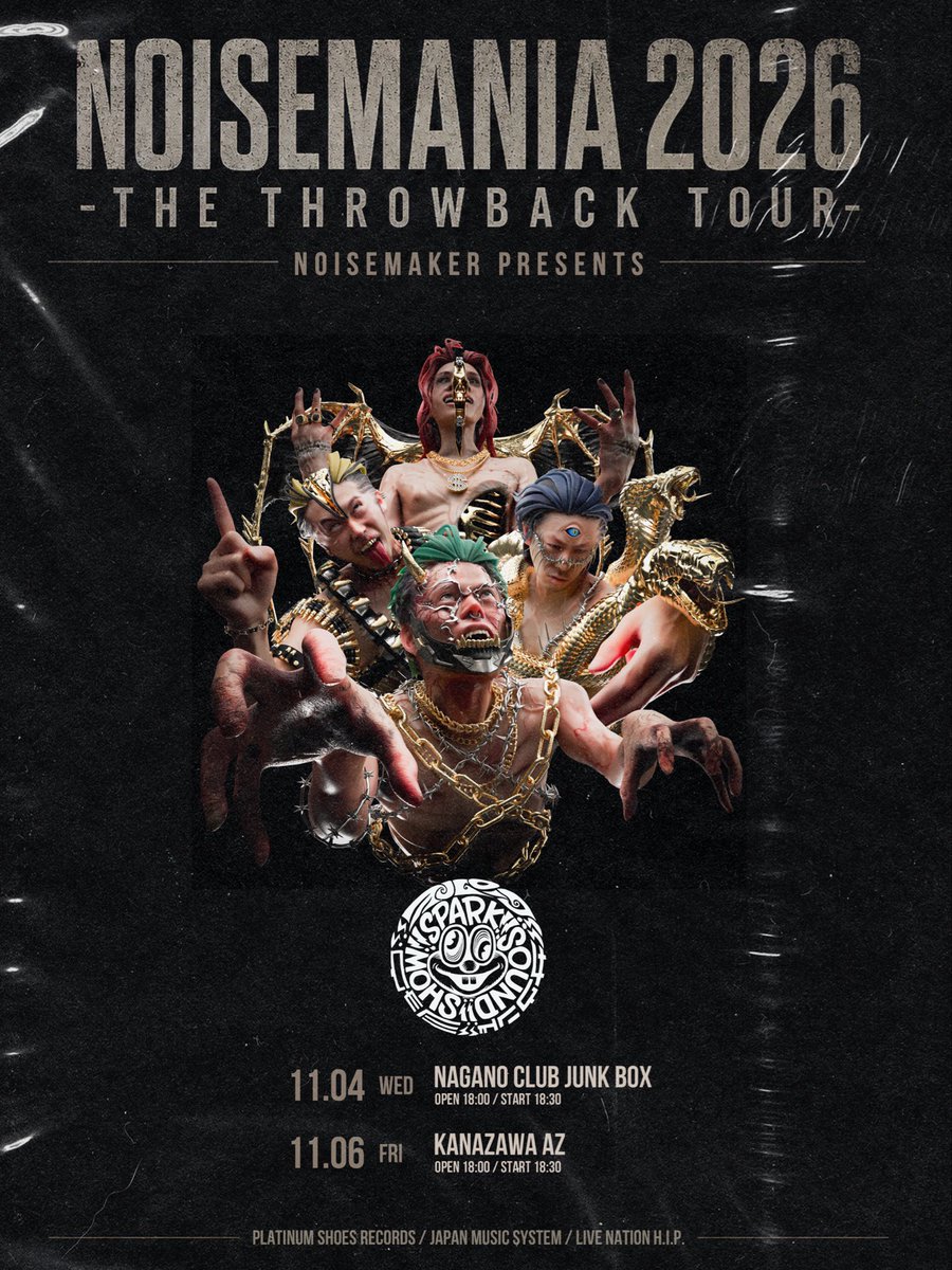 __NOISEMAKER's tweet photo. 【TOUR INFO】
NOISEMANIA 2026
-THE THROWBACK TOUR-
ゲストアーティスト解禁💥
明日8/14(金) 20:00より
各プレイガイドにて
チケット一般発売開始!!
🎫:https://t.co/fFUlyH6hYP
チケットはお早めに🔥
ライブハウスでお待ちしてます🦅
#NOISEMAKER
#JUBEE
#SPARKSOUNDSHOW
#SHADOWS
#NOISEMANIA https://t.co/g4RA5PoJjA
