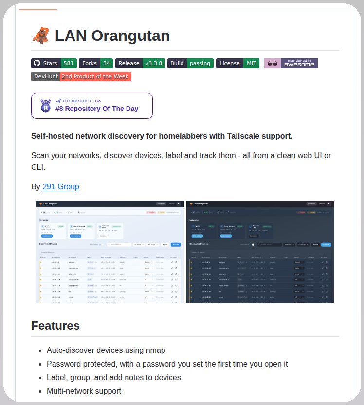 tom_doerr's tweet photo. LAN Orangutan is a self-hosted network scanner that automatically discovers, labels, and tracks devices. It runs as a single binary with no dependencies and supports multi-network setups.

https://t.co/rwF7zUdP2l https://t.co/hr17PMGUZA