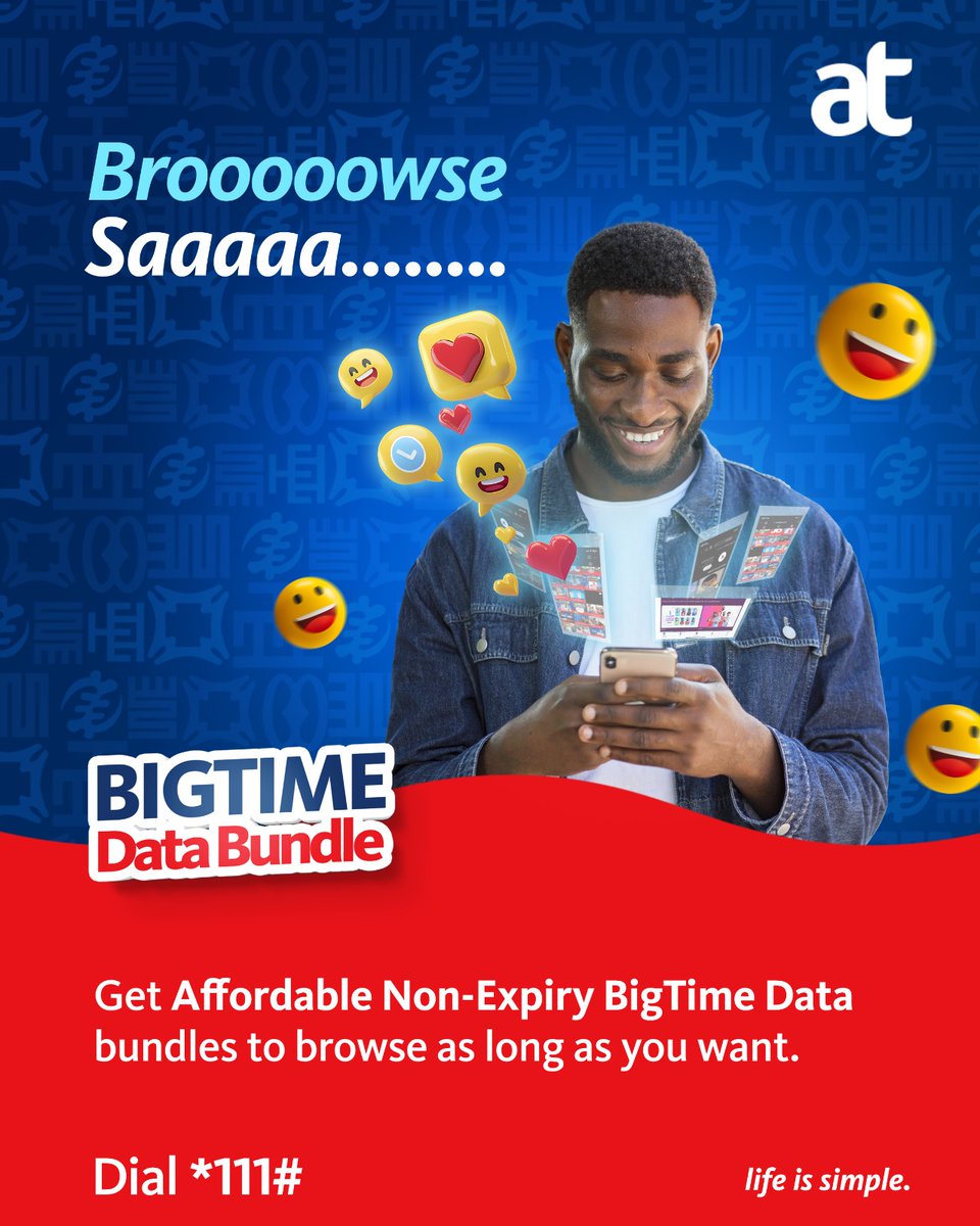 theatghana's tweet photo. Unleash your online potential with AT BigTime data that is affordable and never expires. Stay connected and browse your favourite sites all day. Simply dial *111# or buy through AT Mobile App.
Click here to download >> https://t.co/BpXN9bNMNP
#AT #LifeIsSimple #BigTime https://t.co/5Ld7wMhELe
