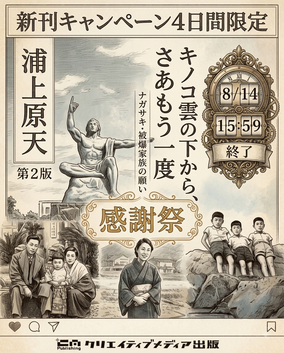 creatorsworld's tweet photo. 【無料0円キャンペーン】明日まで！『大賞受賞』記念・第10回出版大賞【新刊】『キノコ雲の下からさあもう一度』～ナガサキ・被爆家族の願い【第二版】～ 浦上原天（著）【感謝祭】8/14(金)まで｜大賞受賞の著者作品が読めるチャンス
https://t.co/0WQ4VP4uAI 
#小説家になろう #コンテスト #出版大賞 https://t.co/srE3csX5Wr