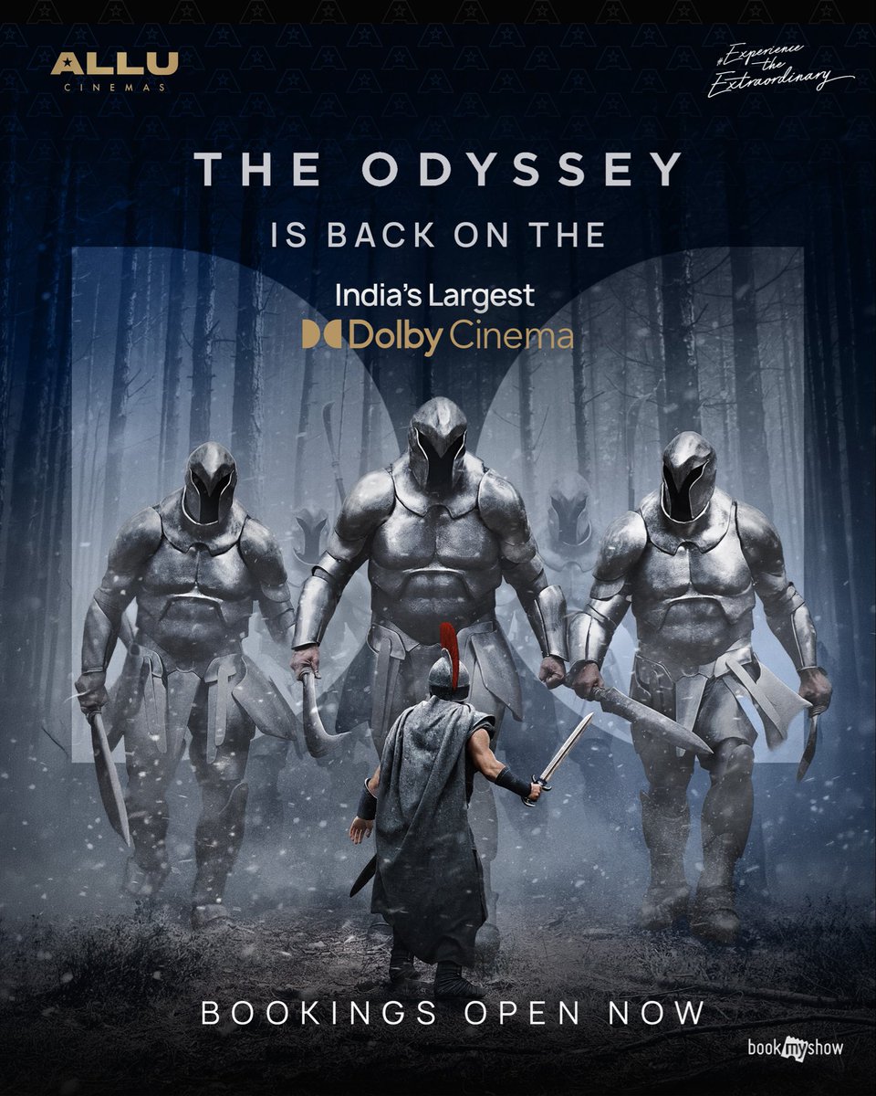 AlluCinemas's tweet photo. The journey continues 🌊

Christopher Nolan’s The Odyssey is back on the Dolby screen. 🎬🔊

Experience every frame, every sound and every moment the way it was meant to be experienced.

🎟️ Bookings Open Now | @bookmyshow 
📍 @AlluCinemas 

✨ Experience The Extraordinary

#AlluCinemas #TheOdyssey #ChristopherNolan #DolbyCinema #ExperienceTheExtraordinary