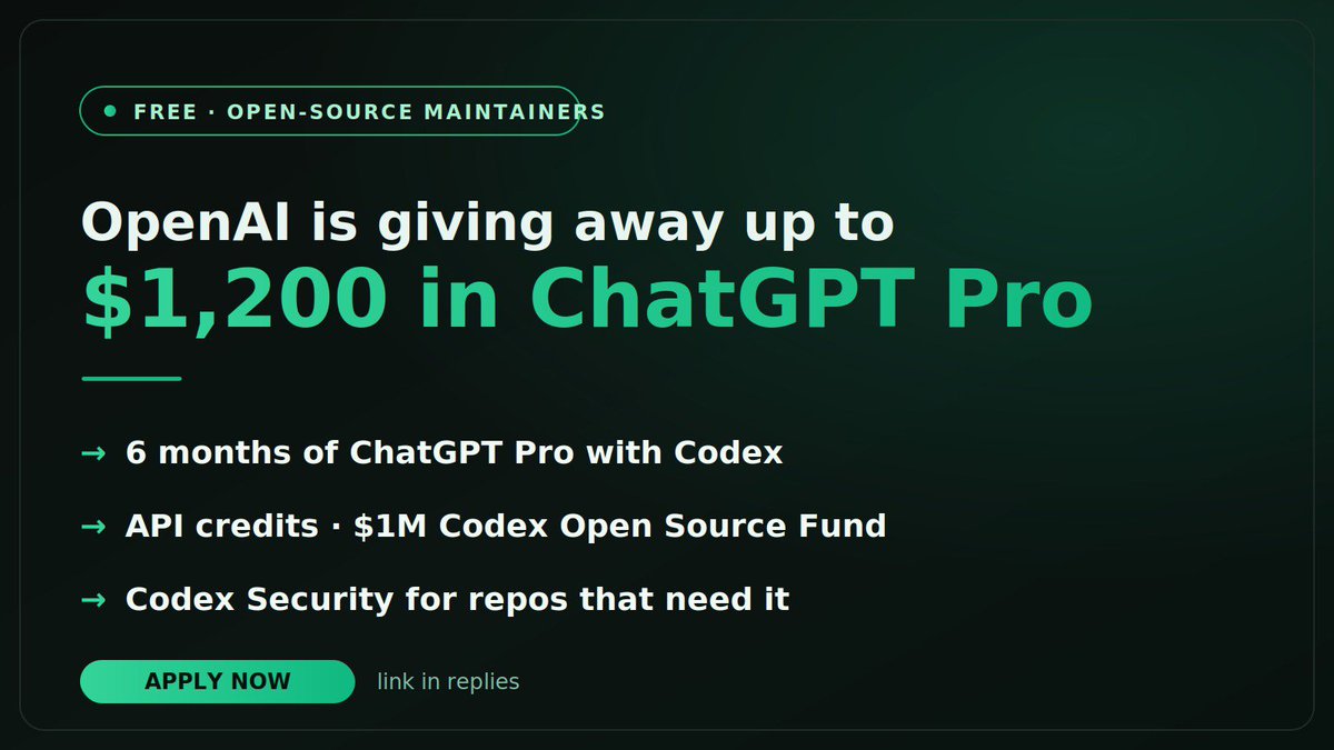 sabir_huss50540's tweet photo. OpenAI is giving open-source developers up to $1,200 in ChatGPT Pro for free.

Barely anyone is talking about it.

If you maintain an open-source project, here's everything you can claim:

→ 6 months of ChatGPT Pro with Codex (up to $1,200 value)
   full Codex access for coding, triage, PR review, and maintainer workflows

→ API credits from OpenAI's $1M Codex Open Source Fund
   for projects using Codex in PR review, releases, and automation

→ Codex Security access
   deeper security scans for repos that need it (core maintainers)

Who qualifies:
Core maintainers or anyone running a widely-used public project. Doesn't perfectly fit the criteria but your project matters to the ecosystem? Apply anyway and tell them why.

And you code in whatever you want. Codex, Cline, OpenCode, OpenClaw. The program still backs the work.

Apply link in the reply 👇