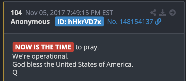 asonflower's tweet photo. Elon: Now is the time.
1 post(s) found containing 
"Now is the time". 🙏
Let’s look one layer deeper at Q 104.
158 = One Zero Four
158 = Perfect Storm
158 = Flip the Switch
158 = God’s Secret Plan
158 = Beginning of the End
158 = Remember Remember...
Dated 11/5🔻 https://t.co/M6VaA75d9m