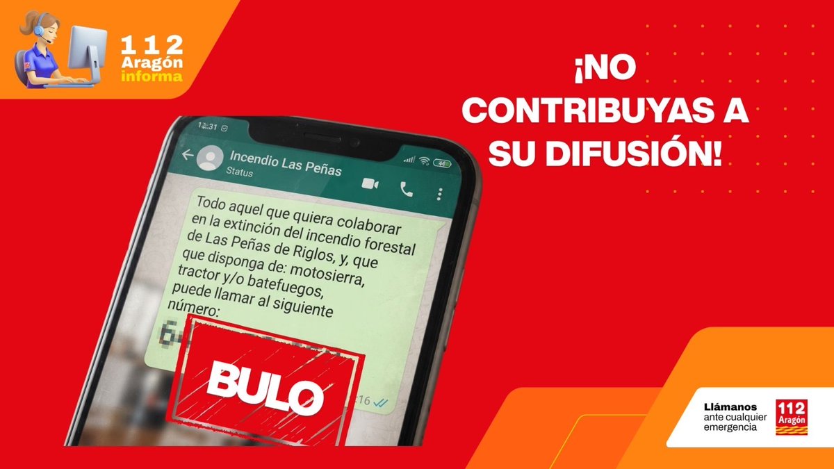 GobAragon's tweet photo. 🔥 #IFPeñasDeRiglos 
Está circulando este mensaje solicitando la colaboración ciudadana con motosierras, tractores y/o batefuegos.

‼️Es un bulo, no contribuyas a su difusión.
Recordamos que las solicitudes de colaboración se realizan a través de canales oficiales y se gestionan a través del Puesto de Mando Avanzado.

#StopBulos