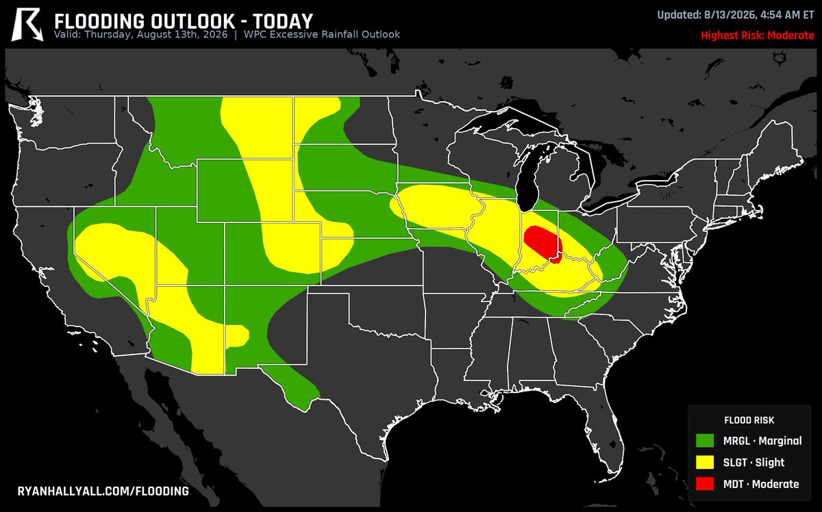 ryanhallyall's tweet photo. Over 4 million people across Indiana, Kentucky, and Ohio now sit under WPC's Moderate flood risk for today, up a notch from yesterday's call, with Indianapolis, Cincinnati, Muncie, Lafayette, and Kokomo all inside that zone. Treat any flooded street as a dead end. https://t.co/34iEcmsGeF