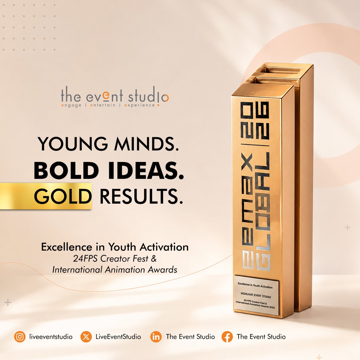 LiveEventStudio's tweet photo. Of the young, for the young and by the young ones in our team - this is dedicated to them for clinching the Gold for "Excellence in Youth Activation" at the prestigious EEMAX Global Awards 2026.
#24FPS #EEMAXGlobal #TheEventStudio #YouthActivation #Experiences #Eemagine2026 https://t.co/qLySPwKm48