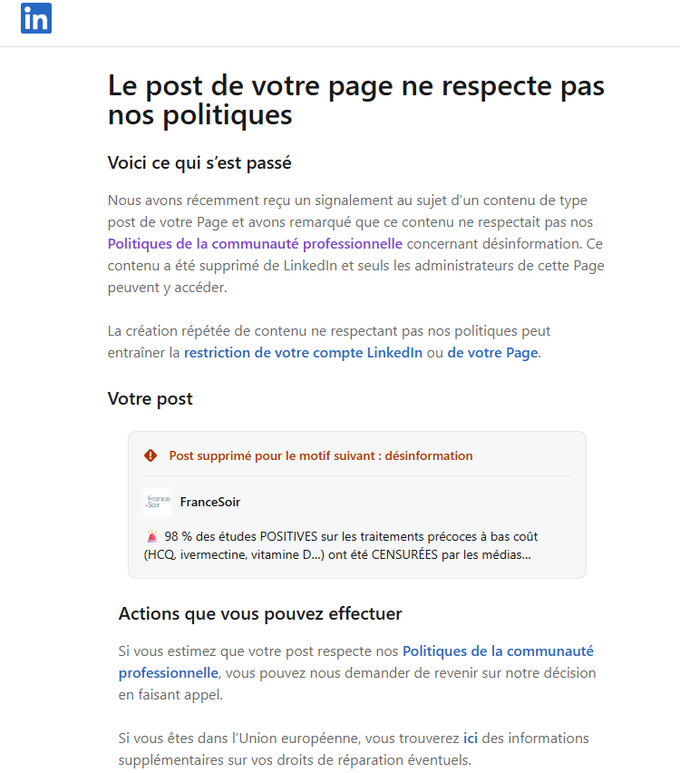 france_soir's tweet photo. @LinkedIn censure le post ci-dessous sur son réseau au motif que ce serait de la désinformation. 

LinkedIn confirme donc bien une forme de censurer et s'inscrit dans la liste des censeurs sur les 98% des études POSITIVES pour les traitements précoces à bas cout qui ont été CENSUREES par les médias mainstream 

Appel a été fait.