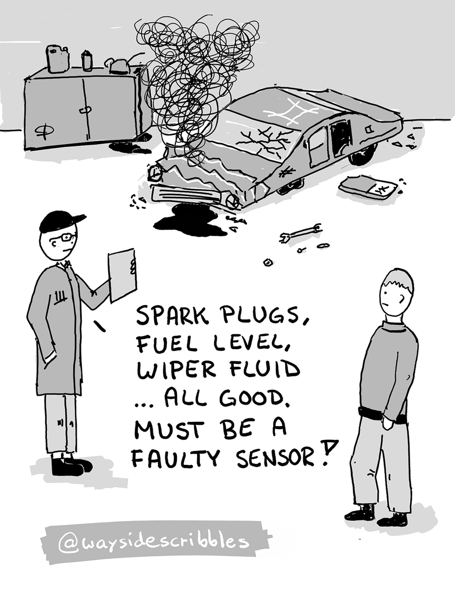 waysidescribble's tweet photo. – Spark plugs, fuel level, wiper fluid ... all good. Must be a faulty sensor! https://t.co/WyIBysDnyJ