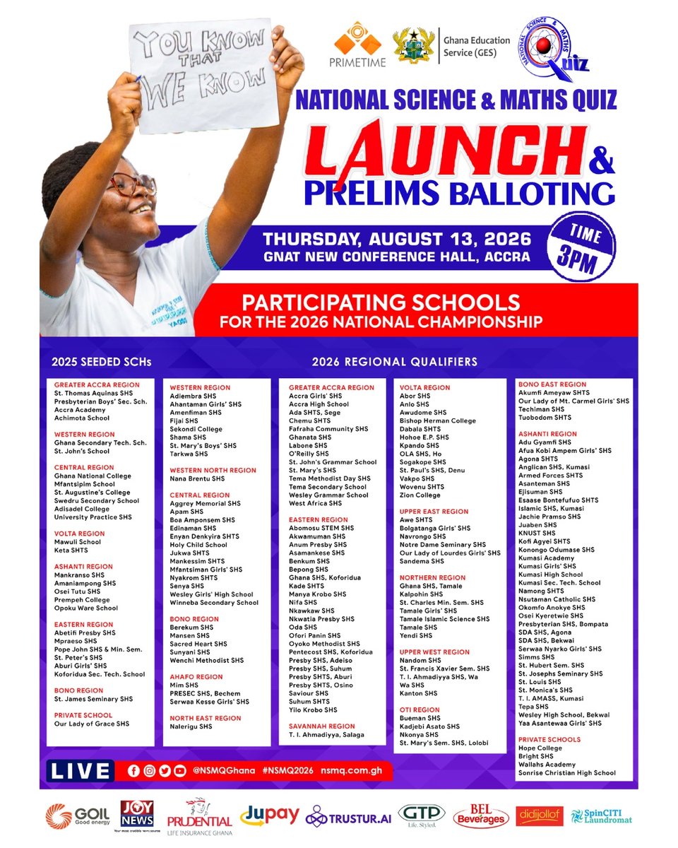NSMQGhana's tweet photo. NSMQ Season is coming!
The stage is set, and the excitement begins now. Join us for the #NSMQLaunch today, at 3 PM GMT, and witness the start of another thrilling season.
Watch LIVE on Facebook and Youtube!
#NSMQ2026 #Primetime https://t.co/3yE2ap866r