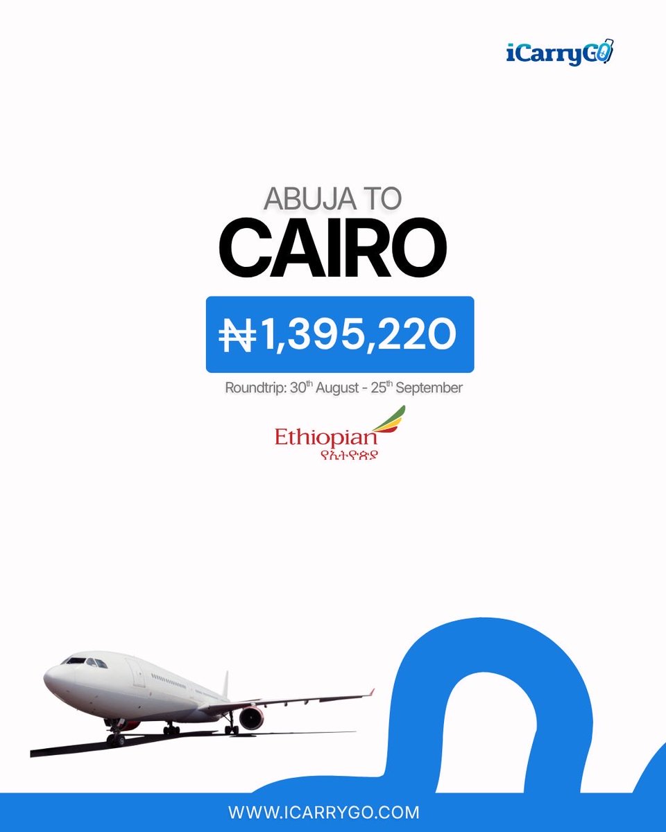 icarrygo's tweet photo. Travel deals to Cairo. Ethiopian Airline 

📍 ABUJA → CAIRO
🗓️ Departure: 30th August
🔄 Return: 25th September
💰 ₦1,395,220

📍 LAGOS → CAIRO
🗓️ Departure: 30th August
🔄 Return: 25th September
💰 ₦1,288,990

📲 Ready to book? Send us a DM or visit https://t.co/OA3csxT3XQ. https://t.co/0coXiMHBdz