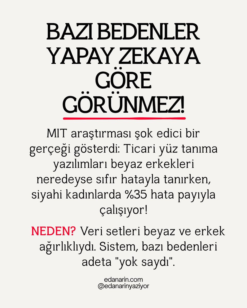 edaanarin's tweet photo. "Sayılar yalan söylemez, yapay zeka tarafsızdır" efsanesi çöktü. 🤖❌

Amazon'un kadın CV'lerini çöpe atan algoritmasından, siyahileri "görmezden gelen" yüz tanıma sistemlerine... Algoritmik kuşatmaya karşı tek bir silahımız var: Veri Feminizmi!

Yazının tamamı için 👇

https://t.co/TxuMg3T7hS