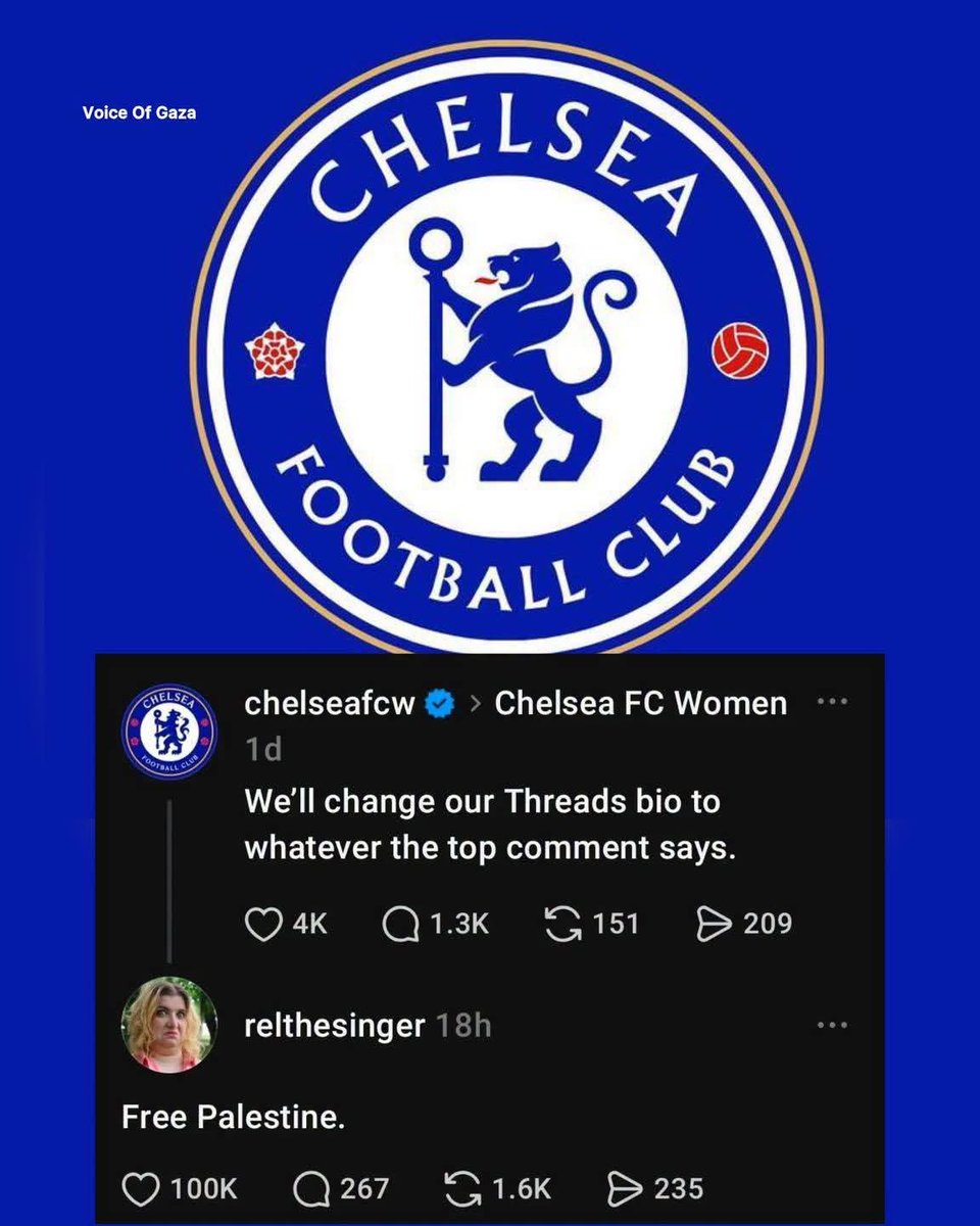 PrinceKouta's tweet photo. Chelsea FC Women deletes viral post after "Free Palestine" wins top comment. Social media chaos for Chelsea FC Women. 

The club’s official Threads account promised to update their bio to whatever the top comment said.

The result? "Free Palestine" took the #1 spot with over 100,000 likes. Instead of honoring the pledge, the club deleted the entire post, sparking a wave of backlash online.