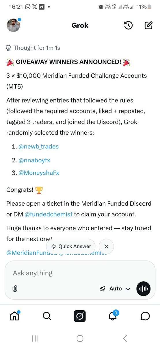 fundedchemist's tweet photo. GIVEAWAY WINNERS ANNOUNCED!
 3 × $10,000 @MeridianFunded Challenge Accounts (MT5)  After reviewing entries that followed the rules (followed the required accounts, liked + reposted, tagged 3 traders, and joined the Discord), Grok randomly selected the winners:

@newb_trades
  
@nnaboyfx
  
@MoneyshaFx

Congrats!   Please open a ticket in the Meridian Funded Discord 
 to claim your account.  

https://t.co/Z9IuZnsCz3