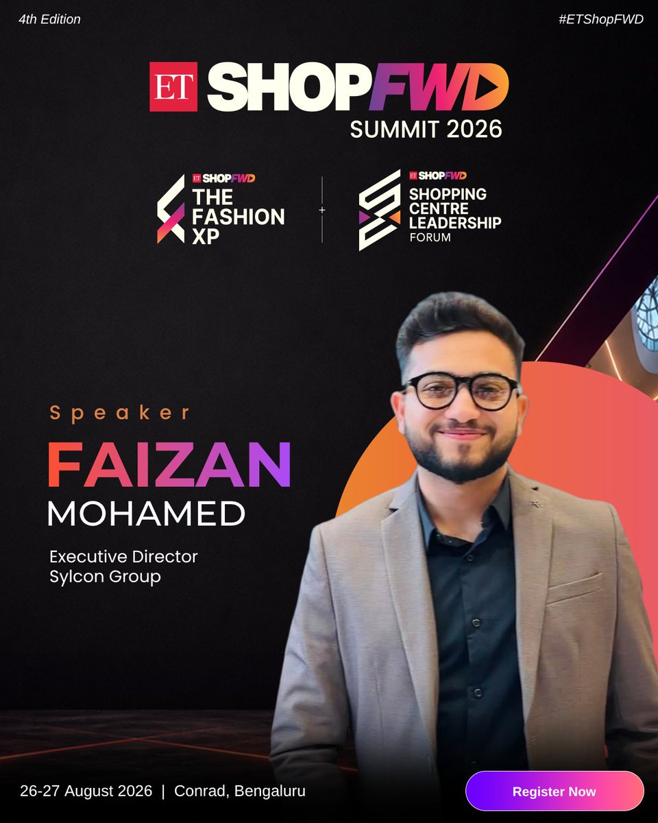 ETRetail's tweet photo. Faizan Mohamed, Executive Director, Sylcon Group, joins the ET ShopFWD Summit 2026 to bring his perspective on how the next generation of retail can stay relevant.
Register now: https://t.co/kDLN1qp7Si
#ETShopFWD #ShoppingCentreLeadershipForum #FashionXP #FutureOfRetail https://t.co/Nvg3rrljVM
