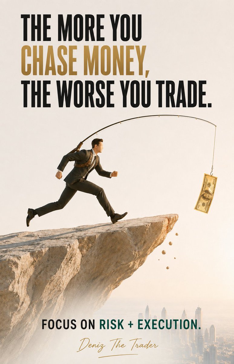 DenizTheTrader's tweet photo. 90% of traders don’t lose because they lack a strategy.

They lose because they chase money.

When money becomes the focus:

• Setups get forced.
• Risk gets ignored.
• Stops get moved.
• Discipline disappears.

The solution is simple:

0% focus on money.
100% focus on risk and execution.

Stop chasing the outcome.
Execute your edge.

Money is the result—not the focus.