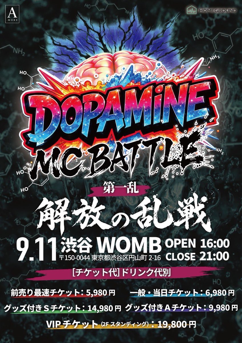 dopamine_s18's tweet photo. 🚨情報解禁🚨
🔥DOPAMINE MC BATTLE🔥
　　　🎤解放の乱戦🎤

　　9月11日(金) at WOMB
　OPEN/16:00 START/17:00

⚡️ BATTLE Tournament ⚡️
　　　緊急参戦🚨喰吐

🎫 チケット発売開始▼URL 🎫
https://t.co/MFMFyYQpnn

#dopaminemcbattle
#日本語ラップ
#mcbattle https://t.co/GssA7ERA2K