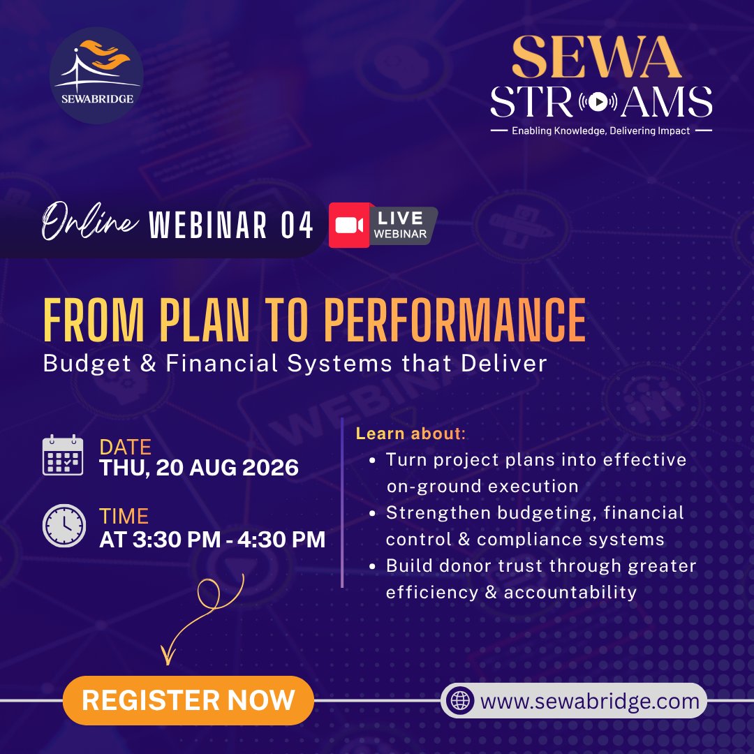 Sewa_Bridge's tweet photo. 📢 Registrations Open!

Join SEWA STREAMS | Webinar Series – Session 4
🎯 From Plan to Performance: Budget &amp; Financial Systems that Deliver

Learn to strengthen project execution, budgeting, compliance &amp; accountability.

📅 20 Aug | ⏰ 3:30–4:30 PM
🔗 https://t.co/ipHD4LCokI https://t.co/Vg14CaqLtX