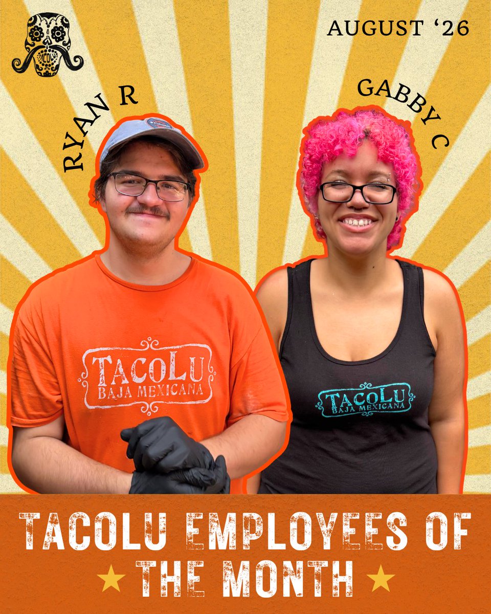 TacoLu's tweet photo. Meet our August TacoLu Employees of the Month! Ryan R. is our BOH Employee of the Month, and Gabby C. is our FOH! ���⭐️  

Congrats to these two for being nominated by their peers for EOTM. Both get a parking space very close to the restaurant, plus other prizes!! 🎉 https://t.co/VaTu2dN9aE